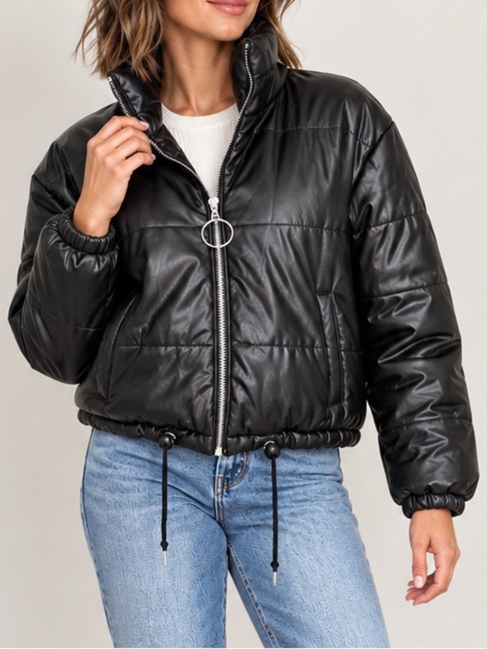 Vigoss Faux Leather Puffer Jacket Cropped Black High Collar Size L